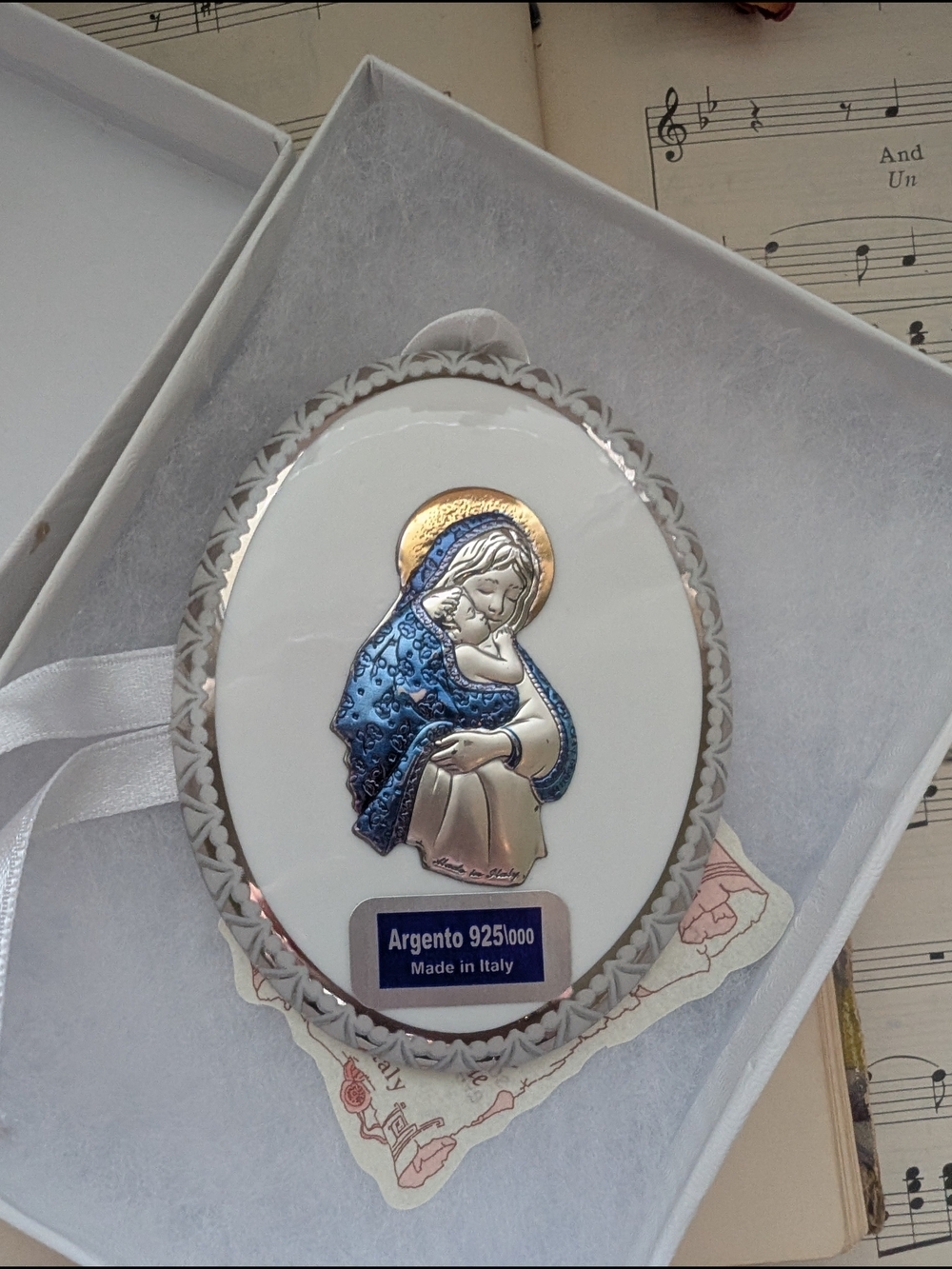 Argento 925 Madonna & Child Oval Wall Plaque - Blue and Gold